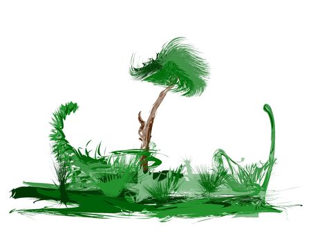 illustration of green island with a palm tree and grassの写真素材