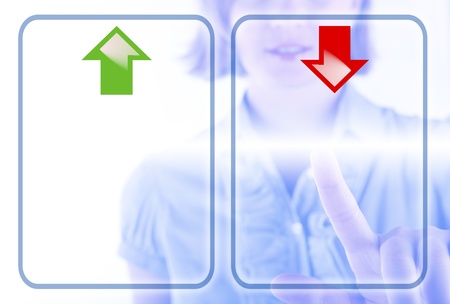 Pros and cons business concept - woman touching screenの写真素材