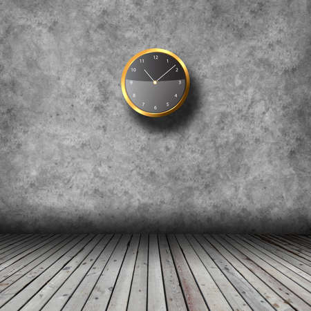 Empty interior with wooden floor, grunge wall and clocksの写真素材