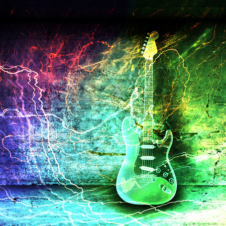 Electric guitar surrounded with the lightningsの写真素材