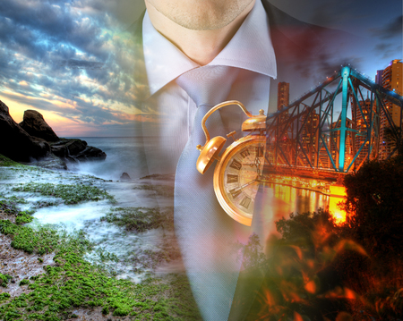 Concept of time with businessman in suit and clock