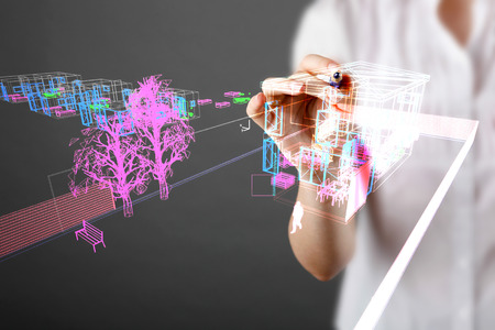 Double exposure of house blueprint and business woman, business development concept.