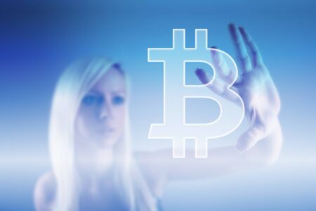 Bitcoin sign digital currency, futuristic digital money, blockchain technology concept backgroundの写真素材