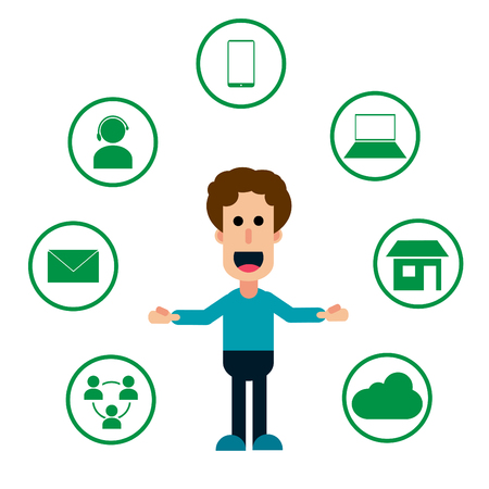 Omni channel retail concept. Man using mobile payments online shopping and customer network connection.のイラスト素材