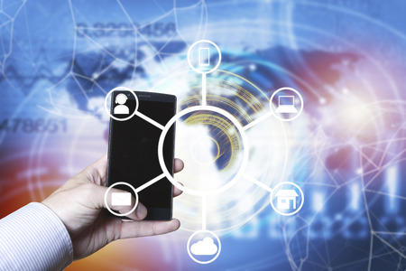 Omnichannel retail concept. Man using mobile payments online shopping and customer network connection, m-banking の写真素材
