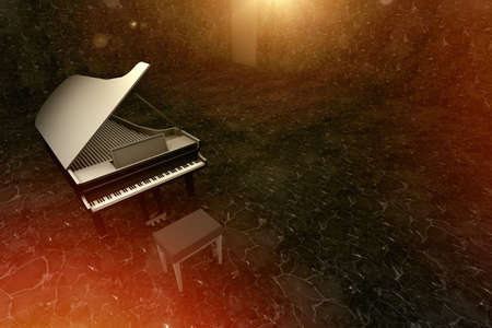 Black Grand Piano on the stage of concert hallの写真素材