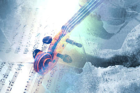 Old violin lying on the sheet of music, abstract watercolor music conceptの写真素材