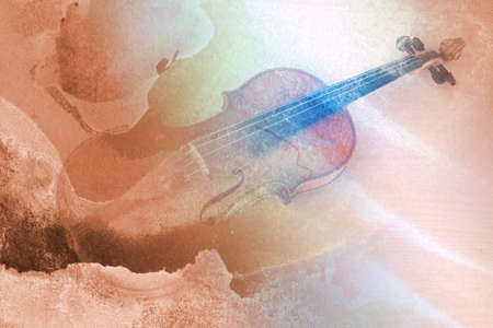 Old violin lying on the sheet of music, abstract watercolor music conceptの写真素材
