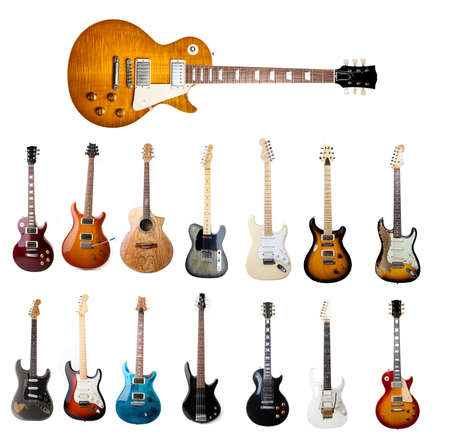 Set of electric guitars isolated on white background, various electricsの写真素材