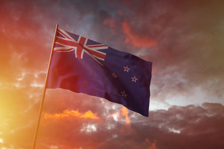 Flag of New Zealand flying in the wind with flag pole, cloudy day, 3D rendering