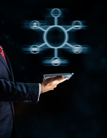 Omnichannel retail concept. Man using mobile payments online shopping and customer network connection, m-bankingの写真素材