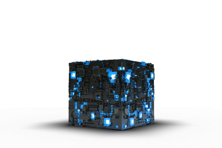 White background. Bright box. Shine square. Light geometry. Smart code. Energy effect. Big data. Digital chip. Glare grid lines. Glow cubes. CPU core. Hi Tech. Mobile innovation. SSD Boardの写真素材