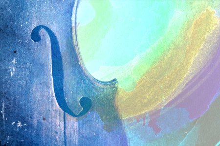 Old violin lying on the sheet of music, abstract watercolor music conceptの写真素材