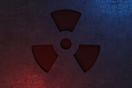 Nuclear energy radioactive (ionizing atomic radiation) round symbol shape painted on massive metal wall texture dark background. Nuclear radiation or radioactive alert warning danger. 3D renderingの写真素材