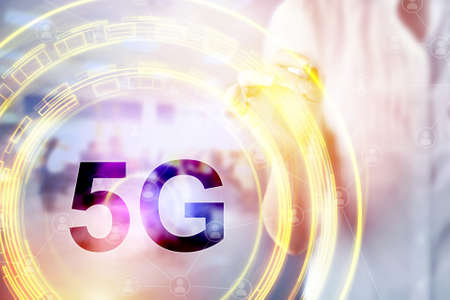 New 5th generation of internet, 5G network wireless with High speed connection online gaming, downloading, online music and movies on smartphone concept.の写真素材