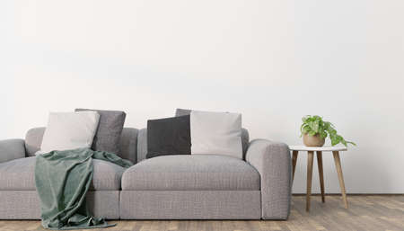 Modern eco-style interior with a space for poster, plant and a wooden floor. Front view. 3d renderingの写真素材