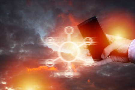 Omnichannel retail concept. Man using mobile payments online shopping and customer network connection, m-bankingの写真素材