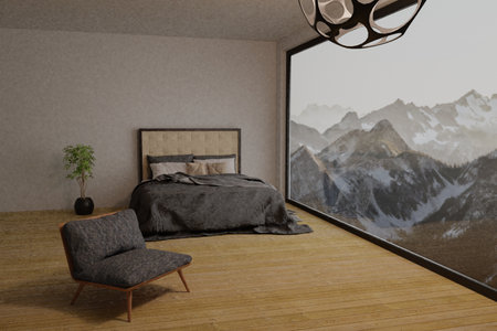 Empty modern interior with wooden floor and concrete wall, modern living concept, 3D renderingの写真素材