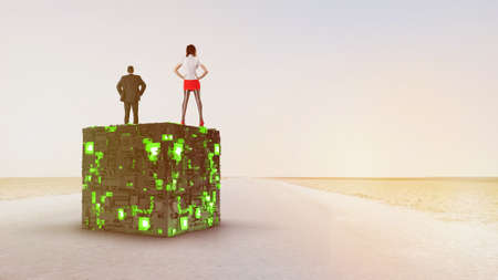 Businessman and woman standing. Shine square. Light geometry. Smart code. Energy effect. Big data. Digital chip. Glare grid lines. Glow cubes. CPU core. Hi Tech. Mobile innovation. SSD Boardの写真素材