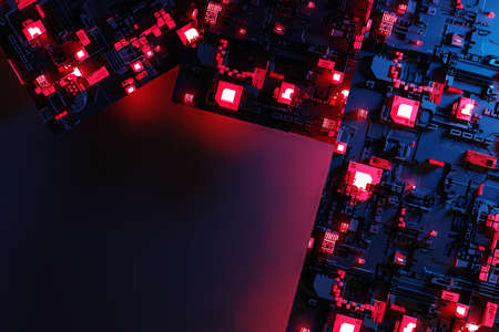 Circuit board or motherboard futuristic server code processing background. Technology background with circuit board or microchip futuristic server design. 3d renderingの写真素材