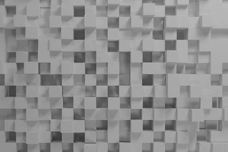 Realistic white solid cubes with a shadow of the same size, located in space at different levels. Abstract background of 3d cubes. Background of dark cubes. 3d rendering.3d panel. 3d illustration.の写真素材