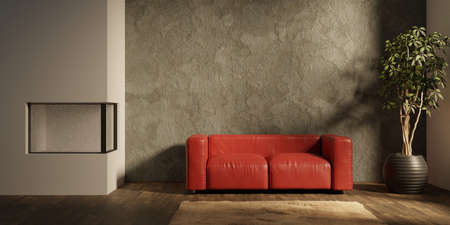 Modern eco-style interior with a space for poster, plant and a wooden floor. Front view. 3d renderingの写真素材