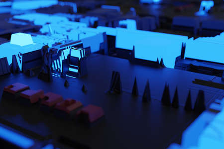Circuit board or motherboard futuristic server code processing background. Technology background with circuit board or microchip futuristic server design. 3d renderingの写真素材