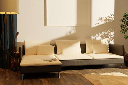 Modern eco-style interior with a space for poster, plant and a wooden floor. Front view. 3d...
