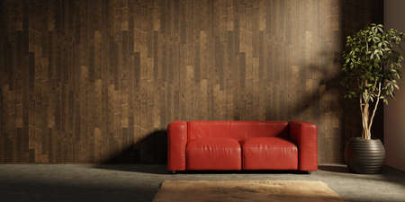 Modern eco-style interior with a space for poster, plant and a wooden floor. Front view. 3d renderingの写真素材