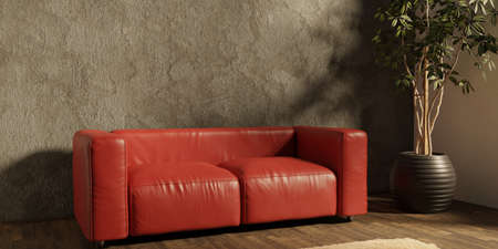 Modern eco-style interior with a space for poster, plant and a wooden floor. Front view. 3d renderingの写真素材
