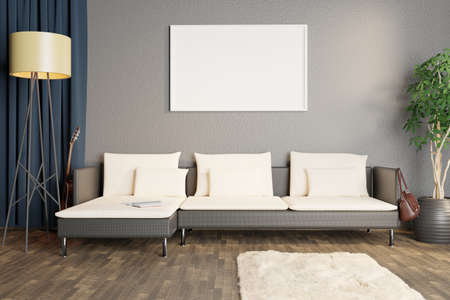 Modern eco-style interior with a space for poster, plant and a wooden floor. Front view. 3d renderingの写真素材