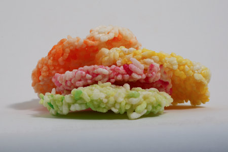 Colorful rice cracker on white background, In Malaysia this is called "Inang-Inang"の写真素材