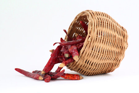 Dried chilli in a basket on white background, stock photoの写真素材