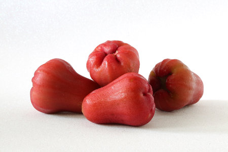 The focus was selected on four red guavas with a sparkling white background.の写真素材