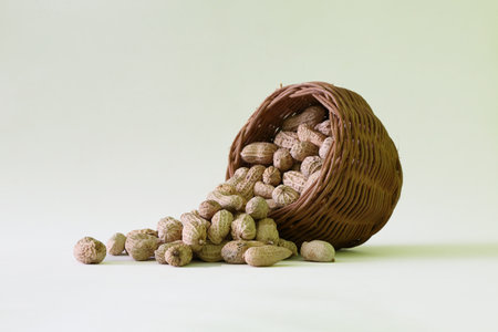 Peanuts in a wicker basket on a light green background.