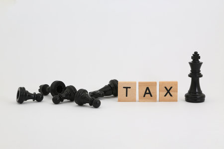 Conceptual image of a chess game with the word TAXの写真素材
