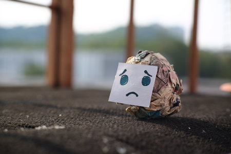 Crumpled paper with sad face on blurred backgroundの写真素材