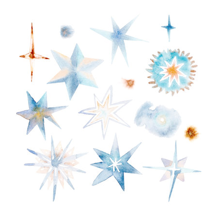blue hand drawn watercolor stars on the white background jpgの写真素材
