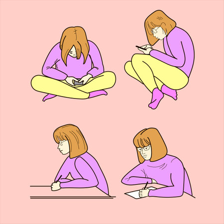 A Set of a Girl on study and sitting with smartphone in hands Girls spend leisure time. Catting, browsing, watching movies, speaking on mobile phone.のイラスト素材