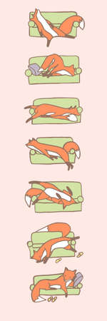 Cartoon foxes are sleeping on 7 different poses on the couch. Hand drawn vector illustrationのイラスト素材