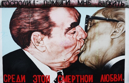 Kiss between Brezhnev and Honecker by Dimitry Vrubel on the Berlin Wall at the East Side Gallery. Photo taken on: December 4th 2011のeditorial素材