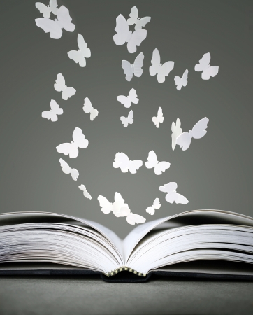 An open book with white butterflies on grey backgroundの写真素材