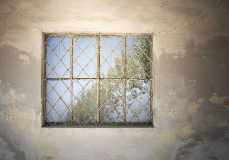 Deatail of an old window with reflection of some tree and sky in the glassの写真素材