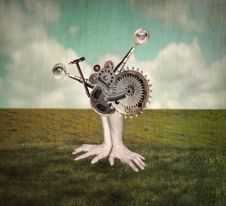 Fantasy artistic image that represent human hands and arms of with a surreal mechanism of gears that supposed to move them in a surreal backgroundの写真素材