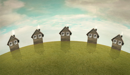 Horizontal illustrative imagine representing five same houses on a hill with cloudy skyの写真素材