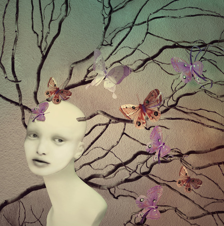 Artistic illustrative image represent a female creature with many branches and butterfliesの写真素材