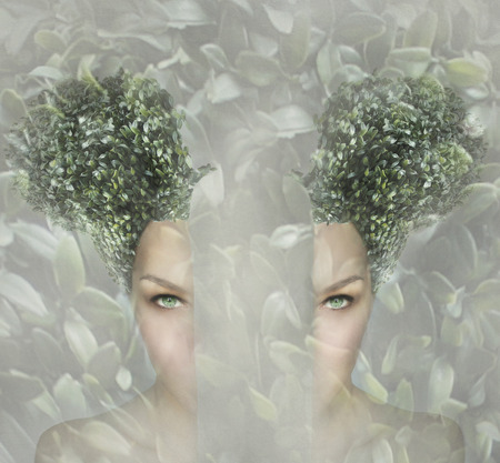 Female artistic portrait divided in two parts, surreal concept