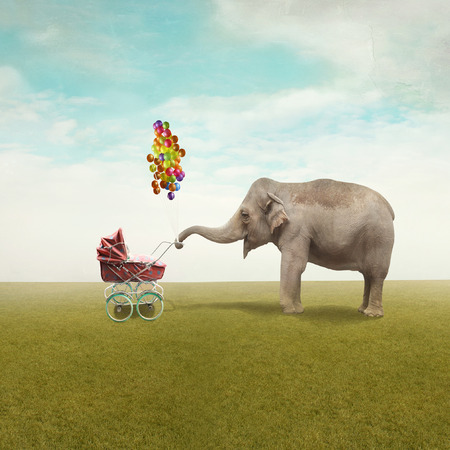 Funny illustration with a beautiful elephant leading walking her child in a wheelchairの写真素材