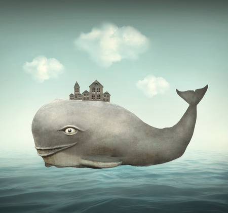 Surreal illustration of a whale in the ocean with some houses in his backの写真素材