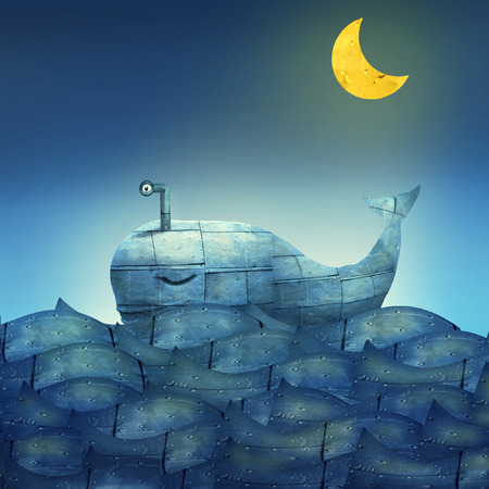 Surreal illustration of a mechanical whale, like submarine, in the ocean with a half moonの写真素材